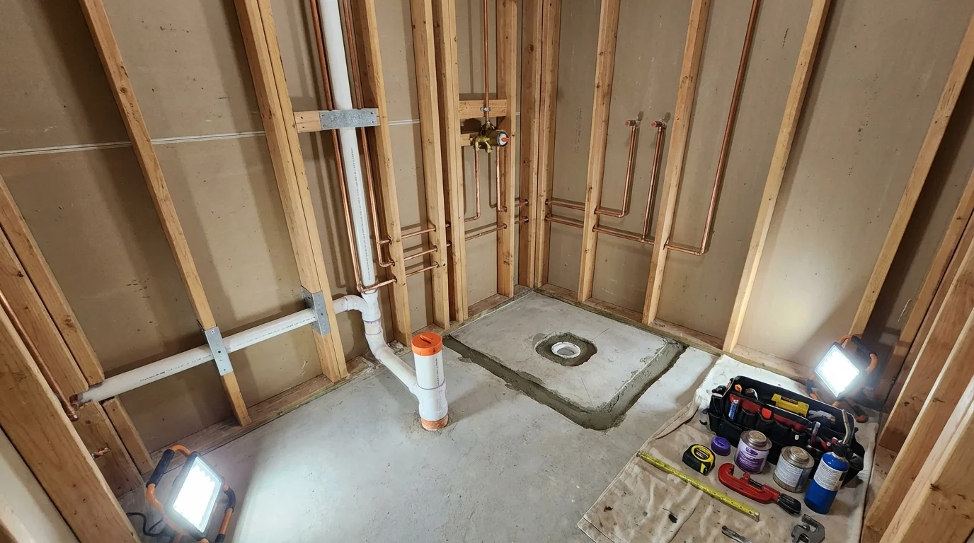 Bathroom rough-in plumbing during remodel by Johns Plumbing LLC in Hominy