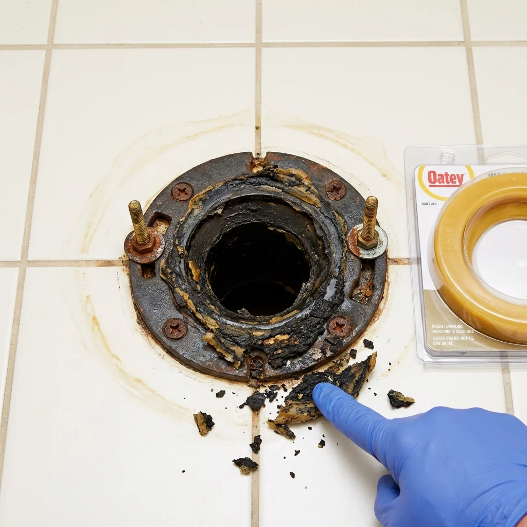 Failed wax ring showing water seepage at the base of a toilet in a Hominy, OK home