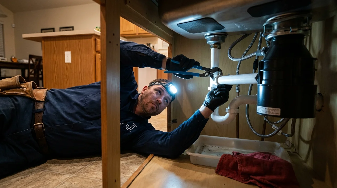 P-trap and supply line connections under a kitchen sink showing a common leak point in Hominy, OK